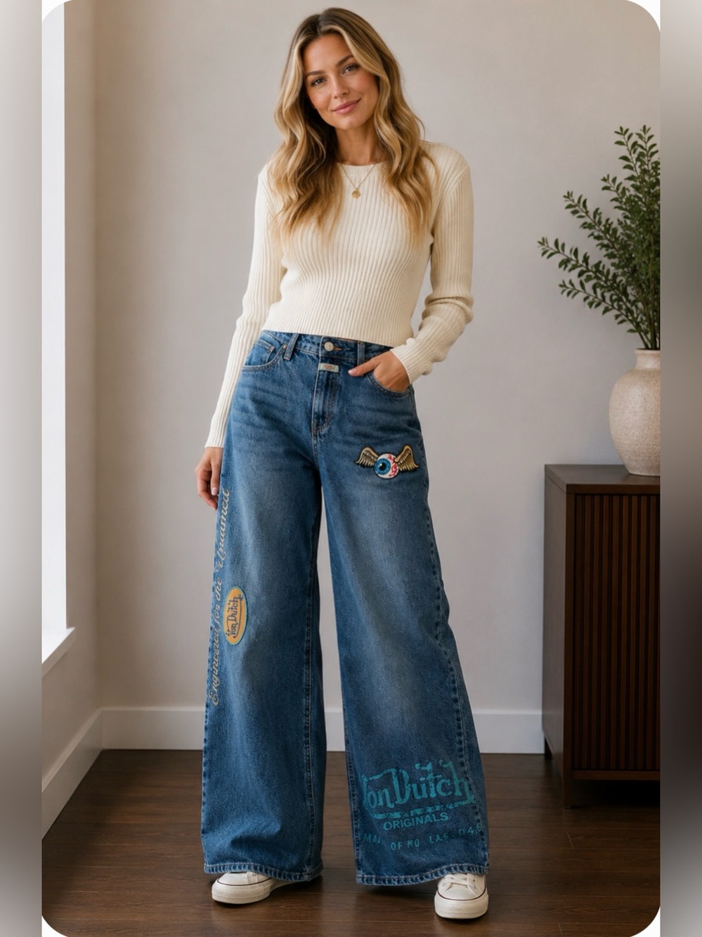Von Dutch Originals Flying Eyeball Wide Leg Baggy Jeans Blue 28 NWT